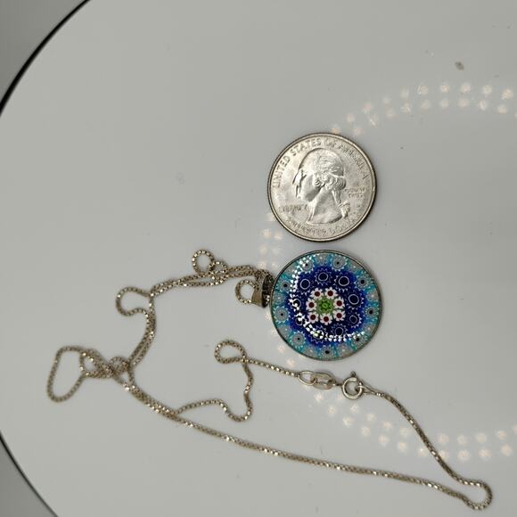 Italian Millefiori Glass Pendant in Sterling Silver on a 20-inch Box Chain - Picture 5 of 5